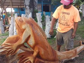 Large carved fish being moved by a Belizean with a t-shirt in English to Vanilla Inn, Cayo, Belize – Best Places In The World To Retire – International Living
